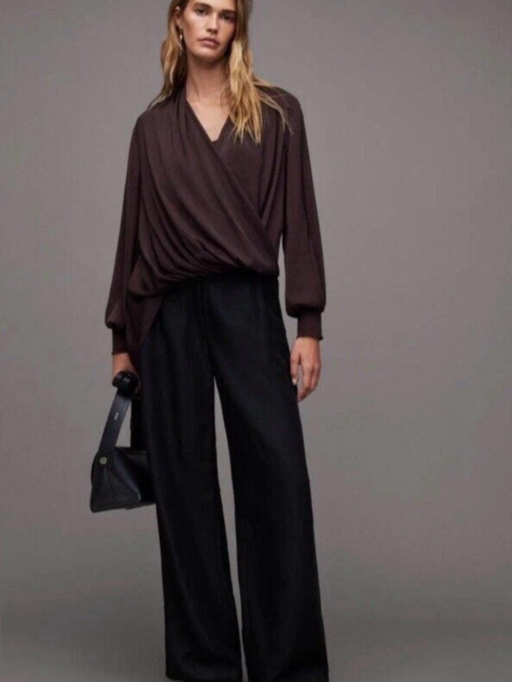 AllSaints Abi Long Sleeve Draped Asymmetrical Top in Port Purple. size 8. NWT. - Picture 1 of 12